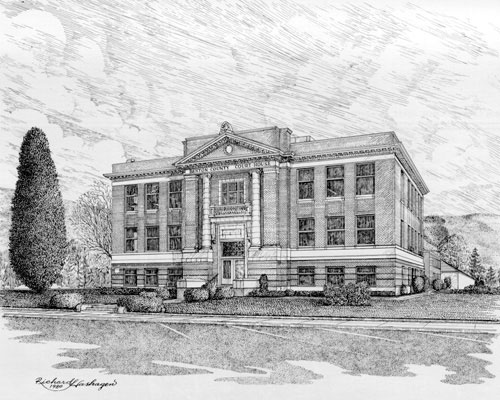 A drawing of an old school building featuring classic architecture and a weathered facade